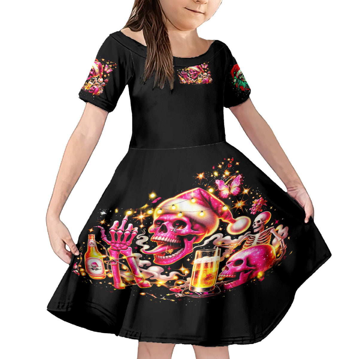 Christmas Skull Kid Short Sleeve Dress Christmas Tree Skull - Wonder Print Shop