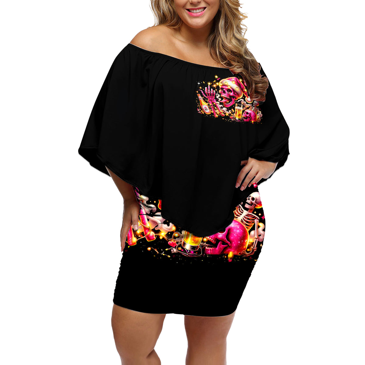 Christmas Skull Off Shoulder Short Dress Christmas Tree Skull - Wonder Print Shop