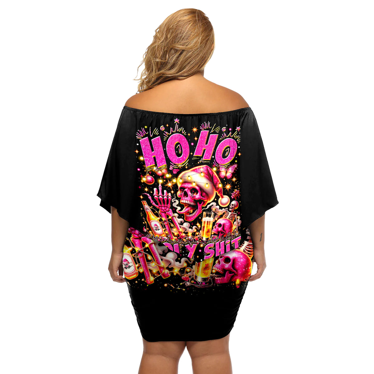 Christmas Skull Off Shoulder Short Dress Christmas Tree Skull - Wonder Print Shop