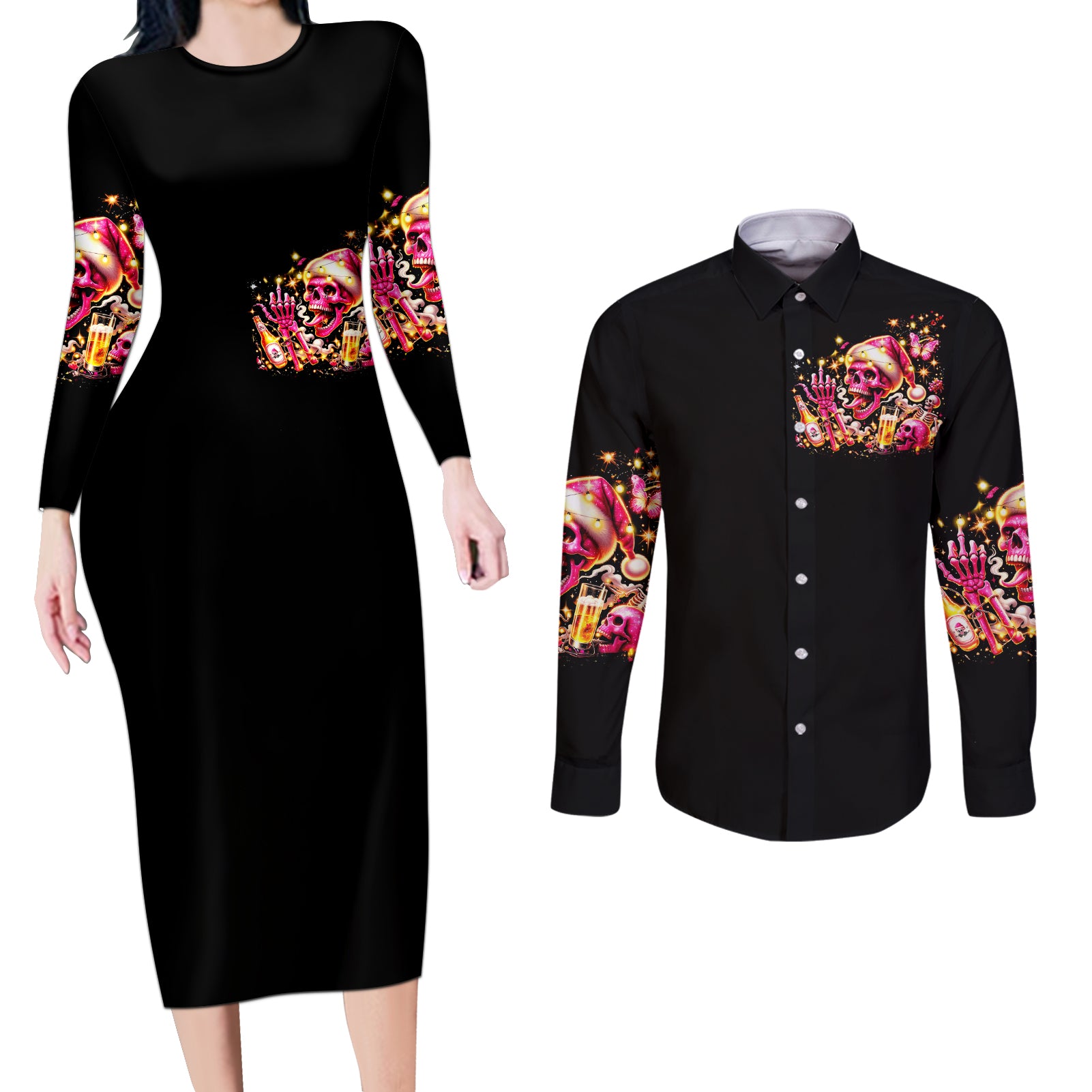 Christmas Skull Couples Matching Long Sleeve Bodycon Dress and Long Sleeve Button Shirt Ho Ho Holy Shit I'm Drink - Wonder Print Shop