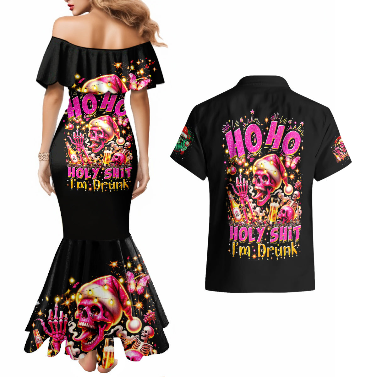 Christmas Skull Couples Matching Mermaid Dress and Hawaiian Shirt Ho Ho Holy Shit I'm Drink - Wonder Print Shop