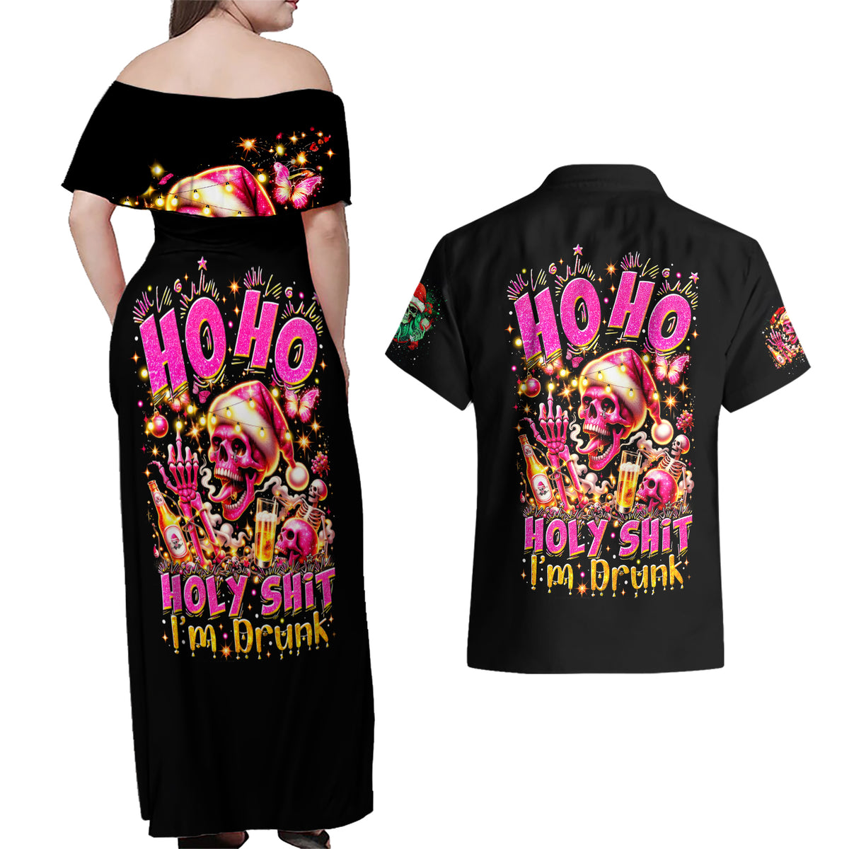 Christmas Skull Couples Matching Off Shoulder Maxi Dress and Hawaiian Shirt Ho Ho Holy Shit I'm Drink - Wonder Print Shop