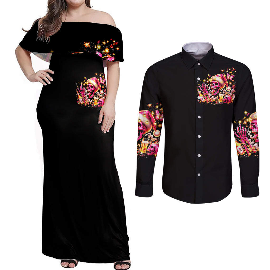 Christmas Skull Couples Matching Off Shoulder Maxi Dress and Long Sleeve Button Shirt Ho Ho Holy Shit I'm Drink - Wonder Print Shop