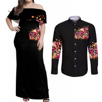 Christmas Skull Couples Matching Off Shoulder Maxi Dress and Long Sleeve Button Shirt Ho Ho Holy Shit I'm Drink - Wonder Print Shop
