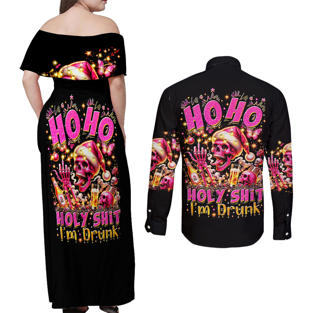 Christmas Skull Couples Matching Off Shoulder Maxi Dress and Long Sleeve Button Shirt Ho Ho Holy Shit I'm Drink - Wonder Print Shop