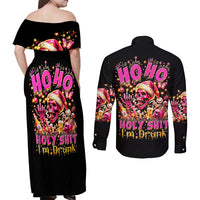 Christmas Skull Couples Matching Off Shoulder Maxi Dress and Long Sleeve Button Shirt Ho Ho Holy Shit I'm Drink - Wonder Print Shop