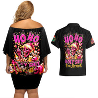 Christmas Skull Couples Matching Off Shoulder Short Dress and Hawaiian Shirt Ho Ho Holy Shit I'm Drink - Wonder Print Shop