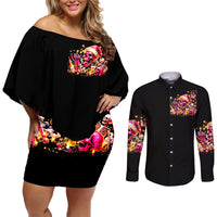 Christmas Skull Couples Matching Off Shoulder Short Dress and Long Sleeve Button Shirt Ho Ho Holy Shit I'm Drink - Wonder Print Shop