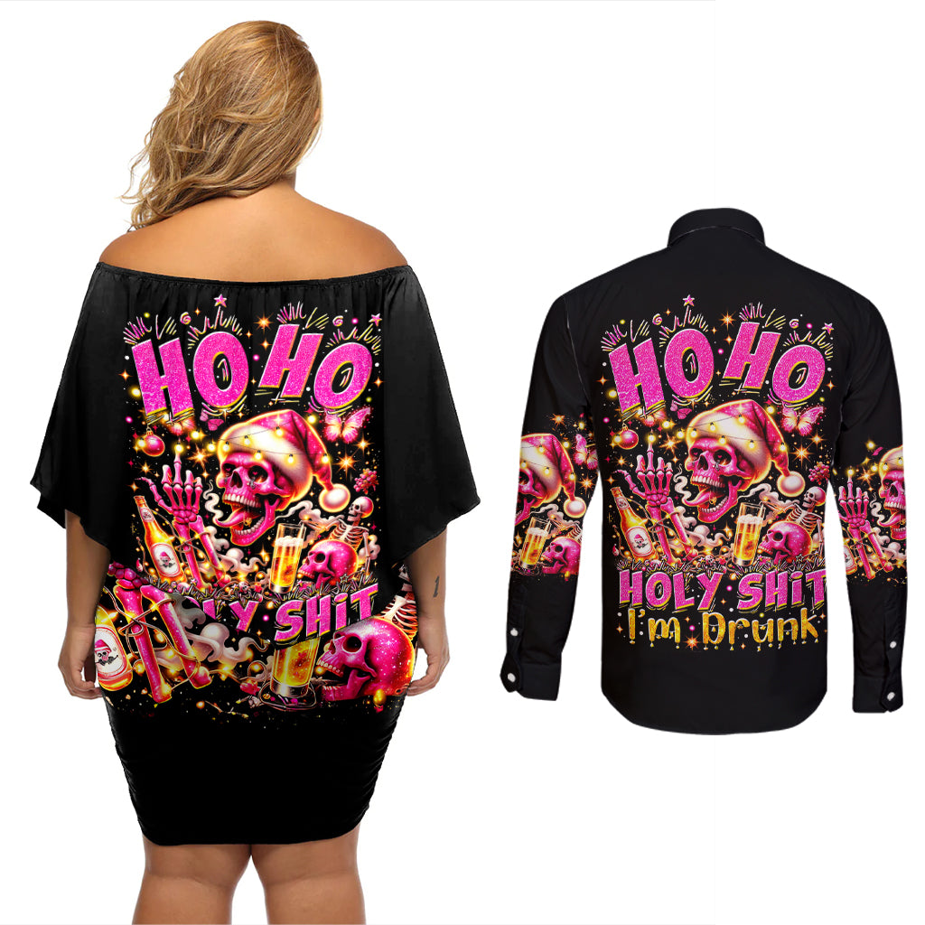 Christmas Skull Couples Matching Off Shoulder Short Dress and Long Sleeve Button Shirt Ho Ho Holy Shit I'm Drink - Wonder Print Shop