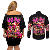 Christmas Skull Couples Matching Off Shoulder Short Dress and Long Sleeve Button Shirt Ho Ho Holy Shit I'm Drink - Wonder Print Shop