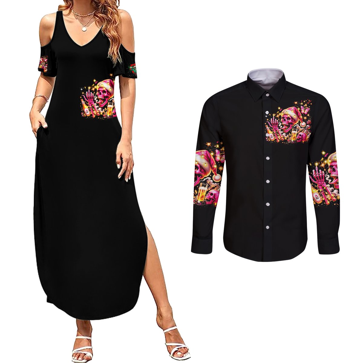 Christmas Skull Couples Matching Summer Maxi Dress and Long Sleeve Button Shirt Ho Ho Holy Shit I'm Drink - Wonder Print Shop