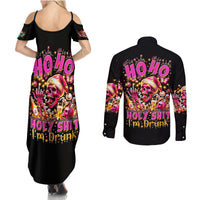 Christmas Skull Couples Matching Summer Maxi Dress and Long Sleeve Button Shirt Ho Ho Holy Shit I'm Drink - Wonder Print Shop