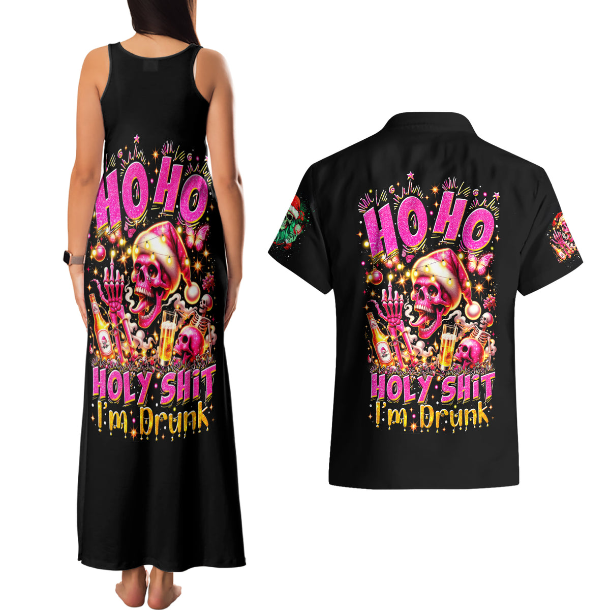 Christmas Skull Couples Matching Tank Maxi Dress and Hawaiian Shirt Ho Ho Holy Shit I'm Drink - Wonder Print Shop