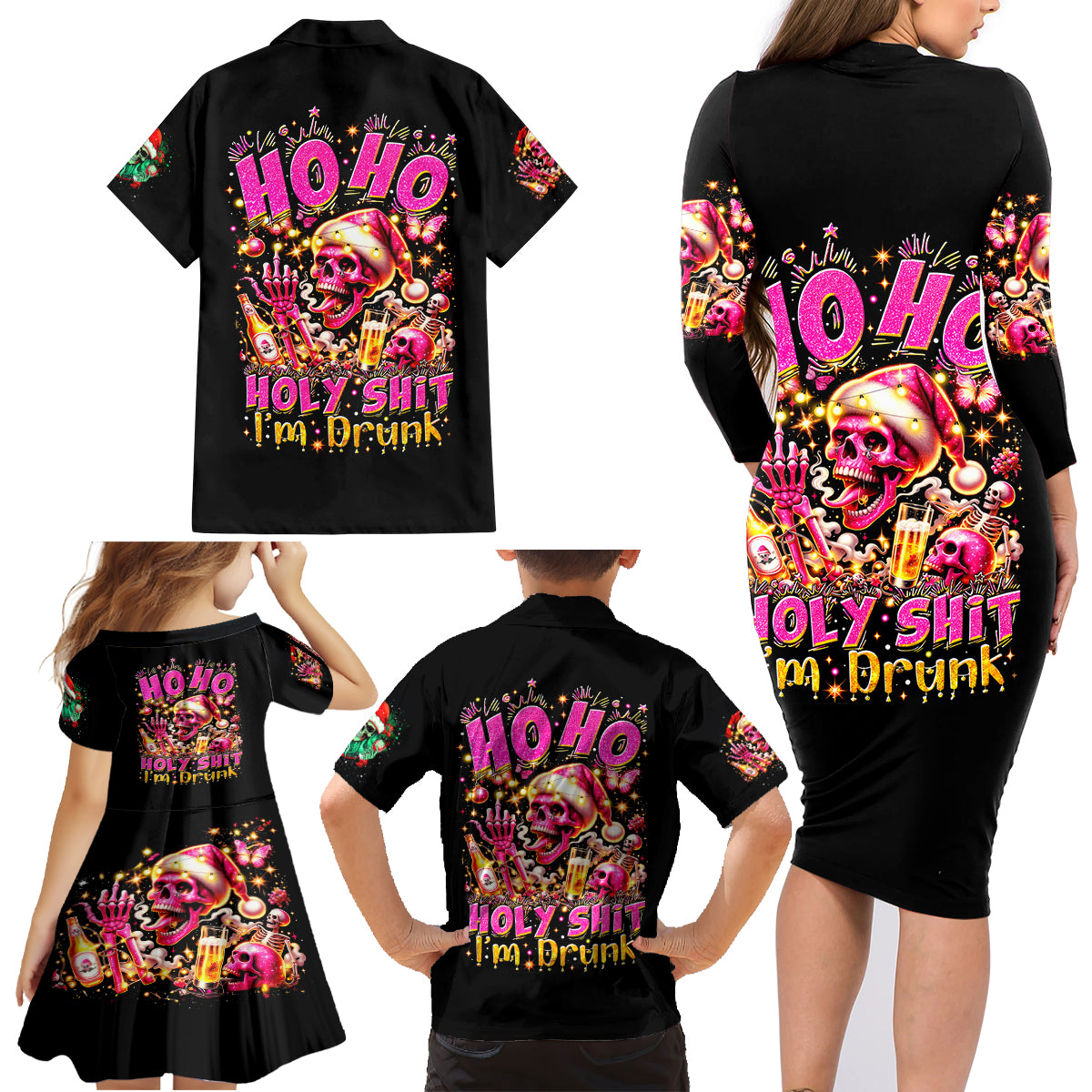 Christmas Skull Family Matching Long Sleeve Bodycon Dress and Hawaiian Shirt Ho Ho Holy Shit I'm Drink - Wonder Print Shop