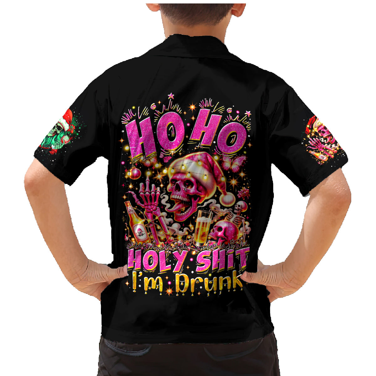 Christmas Skull Family Matching Mermaid Dress and Hawaiian Shirt Ho Ho Holy Shit I'm Drink - Wonder Print Shop