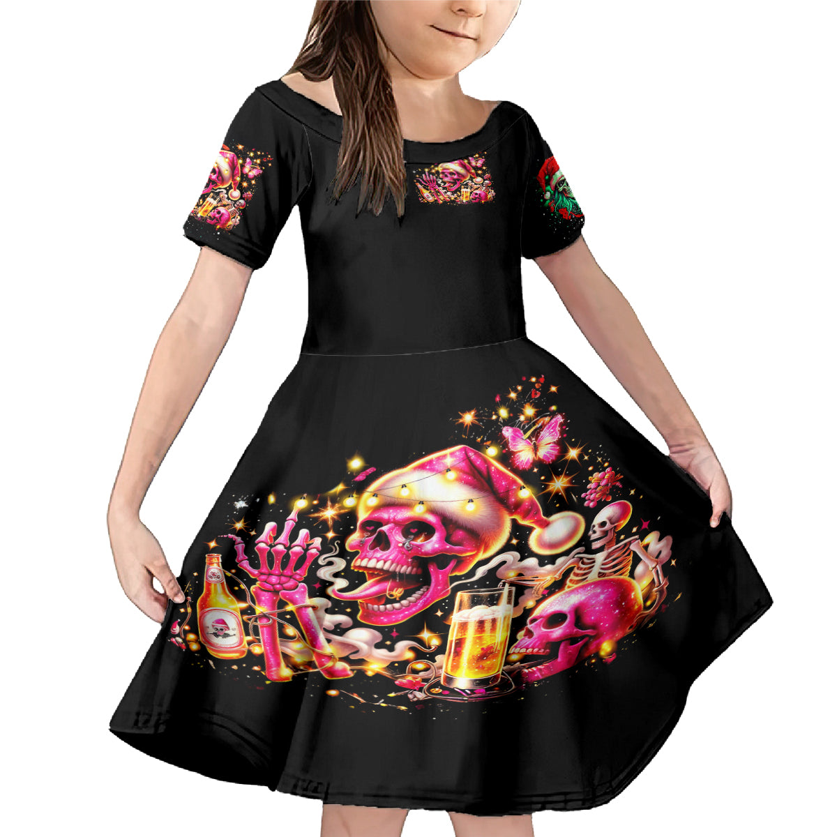 Christmas Skull Family Matching Mermaid Dress and Hawaiian Shirt Ho Ho Holy Shit I'm Drink - Wonder Print Shop