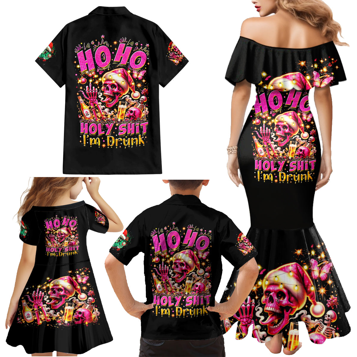 Christmas Skull Family Matching Mermaid Dress and Hawaiian Shirt Ho Ho Holy Shit I'm Drink - Wonder Print Shop