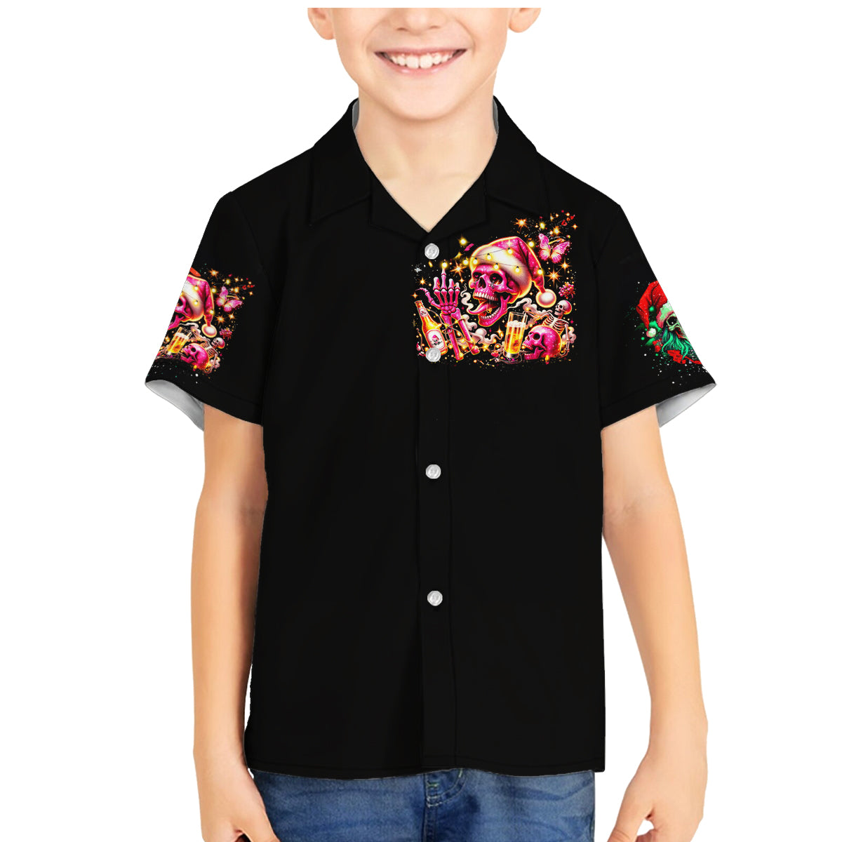 Christmas Skull Family Matching Mermaid Dress and Hawaiian Shirt Ho Ho Holy Shit I'm Drink - Wonder Print Shop