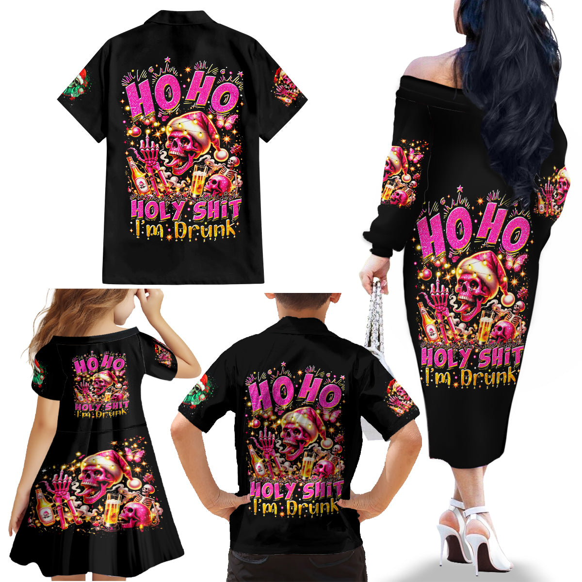 Christmas Skull Family Matching Off Shoulder Long Sleeve Dress and Hawaiian Shirt Ho Ho Holy Shit I'm Drink - Wonder Print Shop