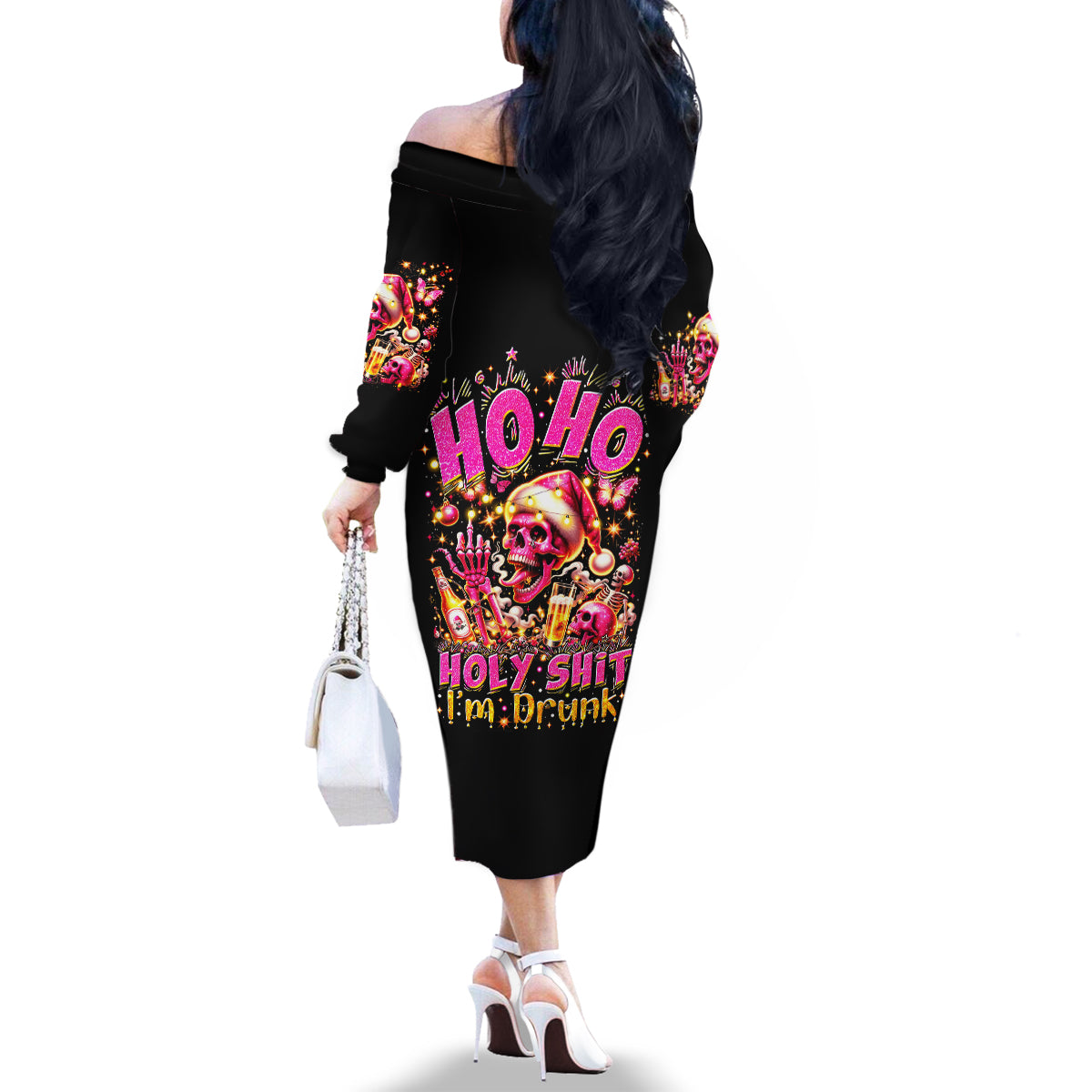 Christmas Skull Family Matching Off Shoulder Long Sleeve Dress and Hawaiian Shirt Ho Ho Holy Shit I'm Drink - Wonder Print Shop
