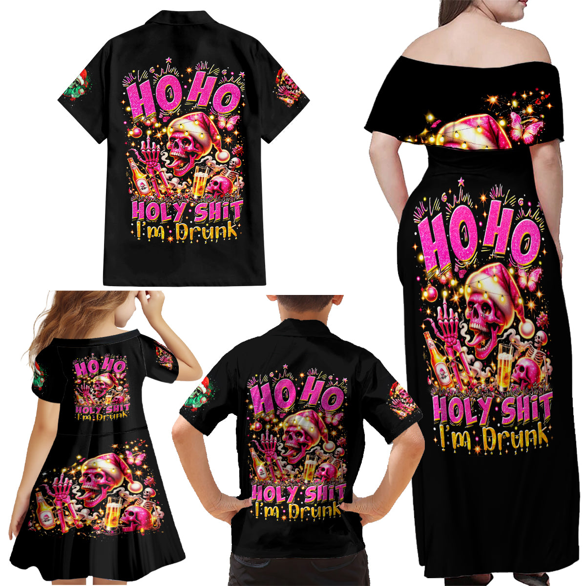 Christmas Skull Family Matching Off Shoulder Maxi Dress and Hawaiian Shirt Ho Ho Holy Shit I'm Drink - Wonder Print Shop