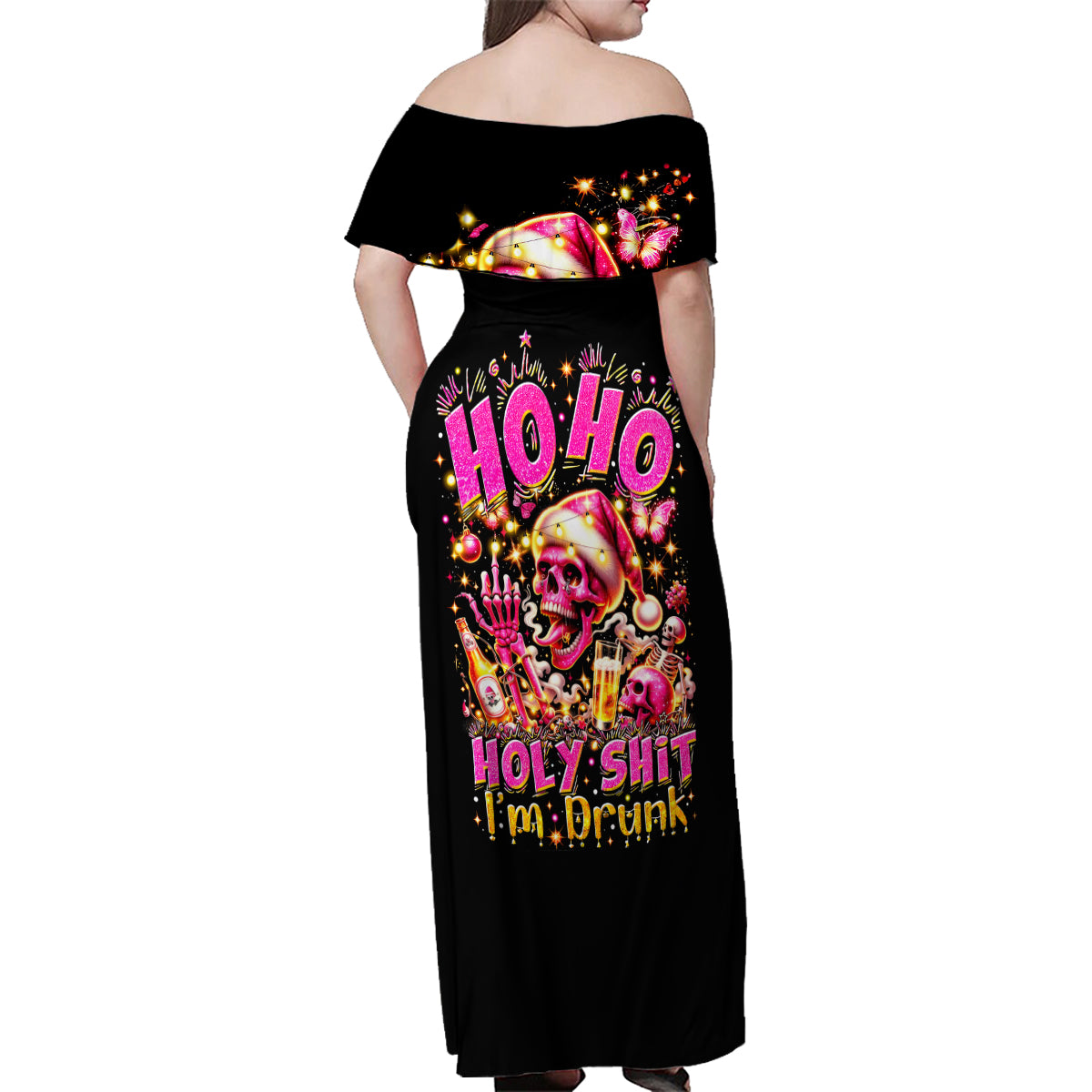 Christmas Skull Family Matching Off Shoulder Maxi Dress and Hawaiian Shirt Ho Ho Holy Shit I'm Drink - Wonder Print Shop
