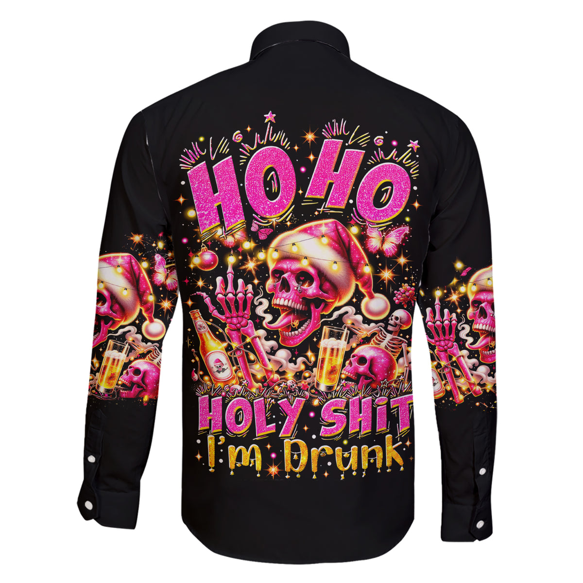 Christmas Skull Family Matching Short Sleeve Bodycon Dress and Hawaiian Shirt Ho Ho Holy Shit I'm Drink - Wonder Print Shop