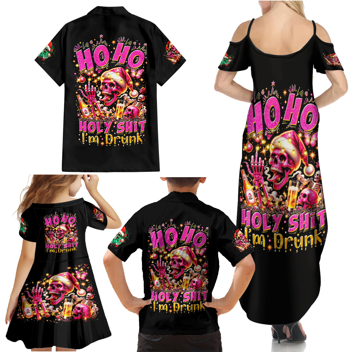Christmas Skull Family Matching Summer Maxi Dress and Hawaiian Shirt Ho Ho Holy Shit I'm Drink - Wonder Print Shop
