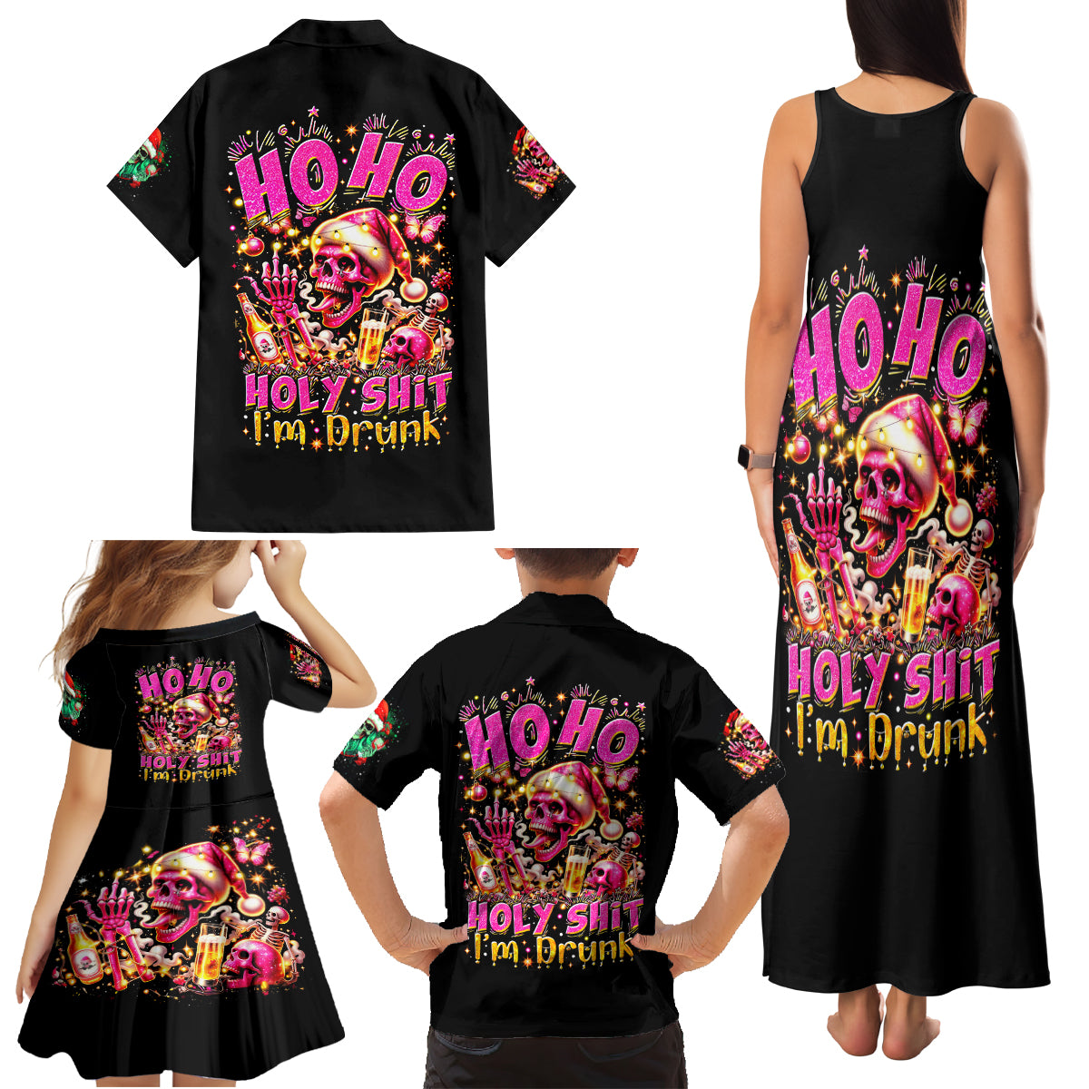 Christmas Skull Family Matching Tank Maxi Dress and Hawaiian Shirt Ho Ho Holy Shit I'm Drink - Wonder Print Shop