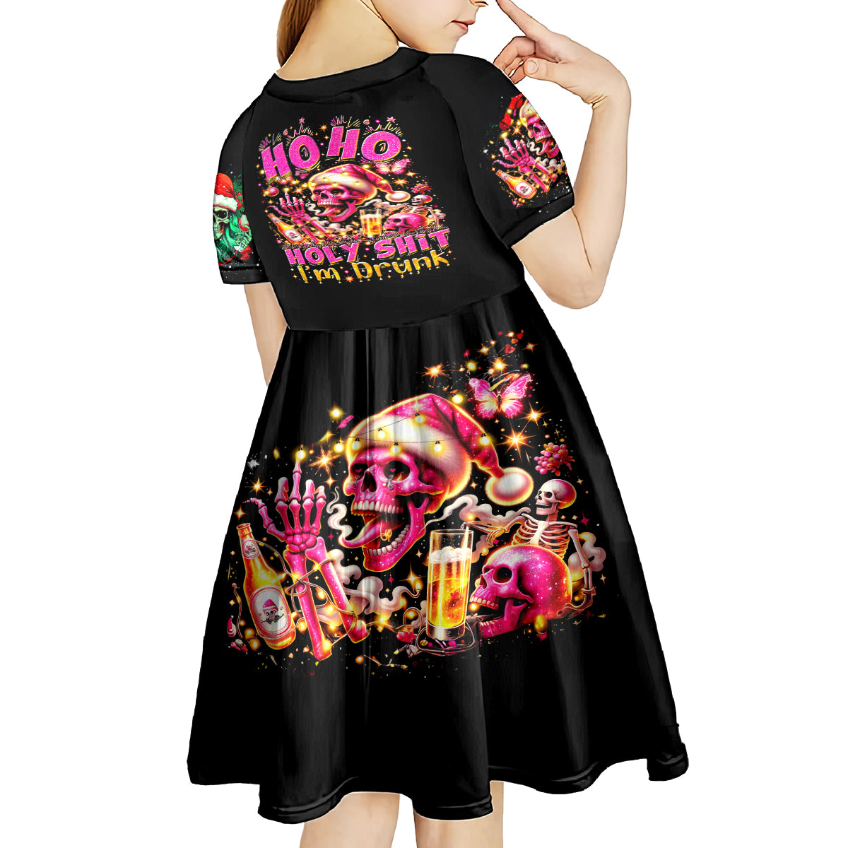 Christmas Skull Kid Short Sleeve Dress Ho Ho Holy Shit I'm Drink - Wonder Print Shop