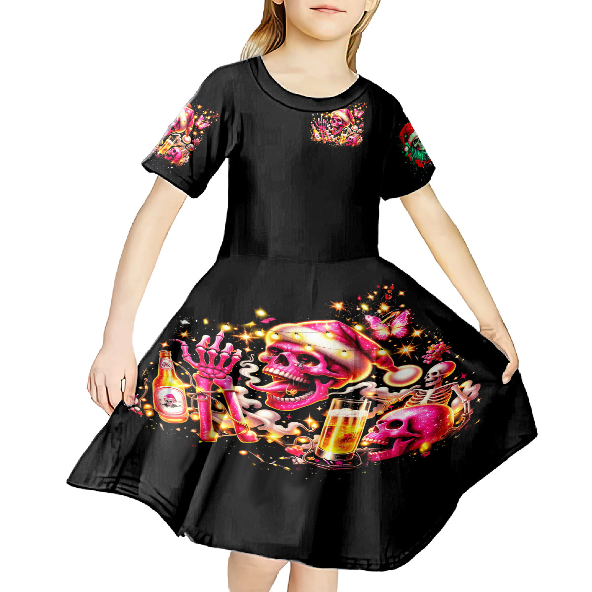 Christmas Skull Kid Short Sleeve Dress Ho Ho Holy Shit I'm Drink - Wonder Print Shop