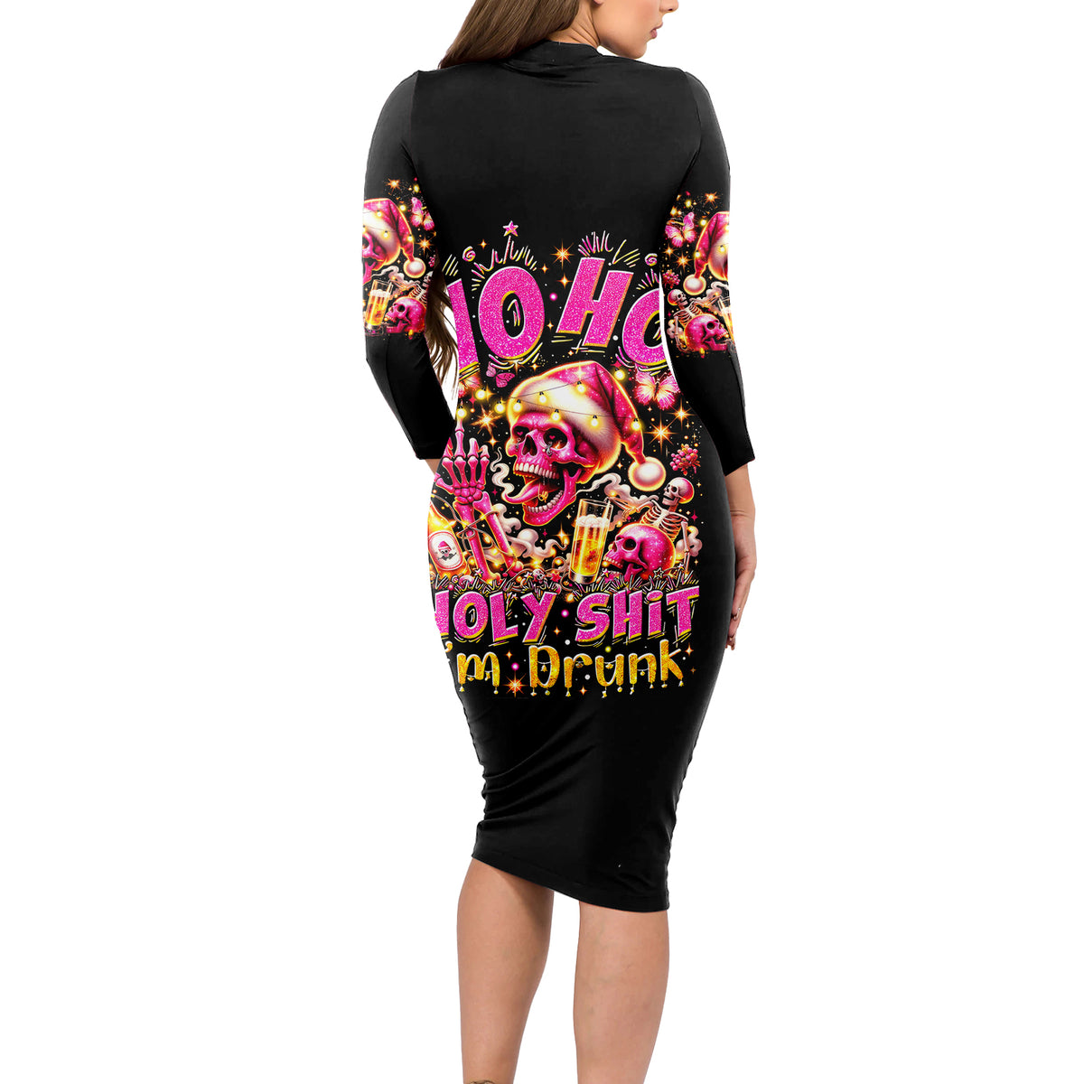 Christmas Skull Long Sleeve Bodycon Dress Ho Ho Holy Shit I'm Drink - Wonder Print Shop