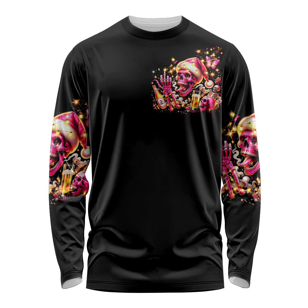 Christmas Skull Long Sleeve Shirt Ho Ho Holy Shit I'm Drink - Wonder Print Shop