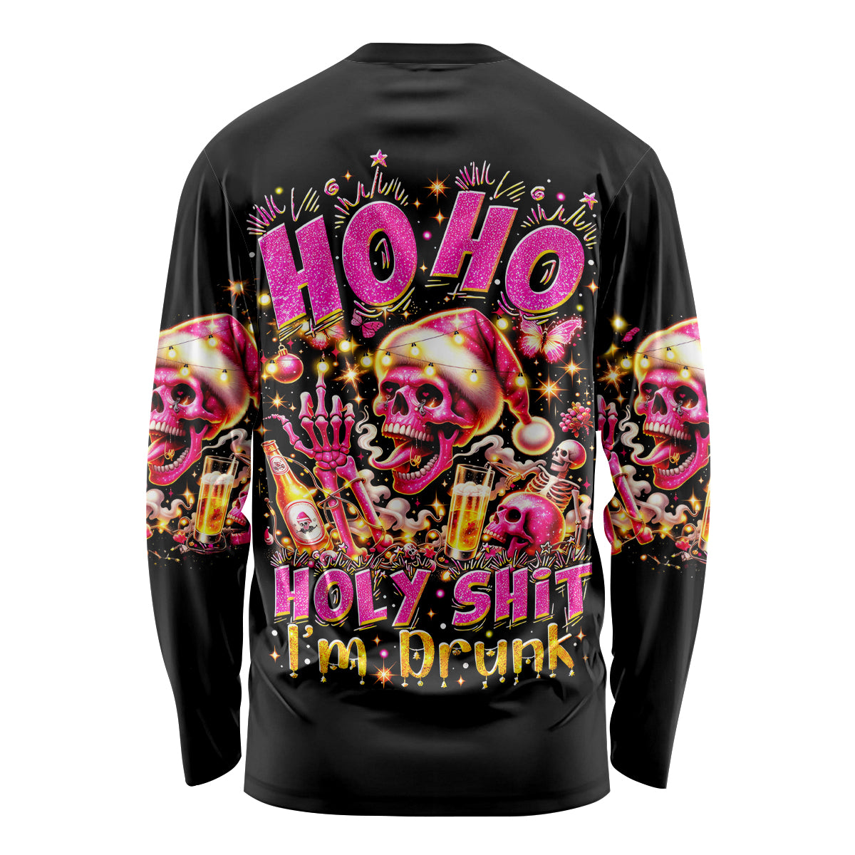 Christmas Skull Long Sleeve Shirt Ho Ho Holy Shit I'm Drink - Wonder Print Shop