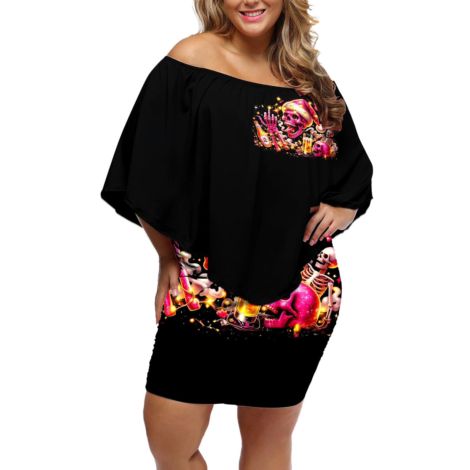 Christmas Skull Off Shoulder Short Dress Ho Ho Holy Shit I'm Drink - Wonder Print Shop
