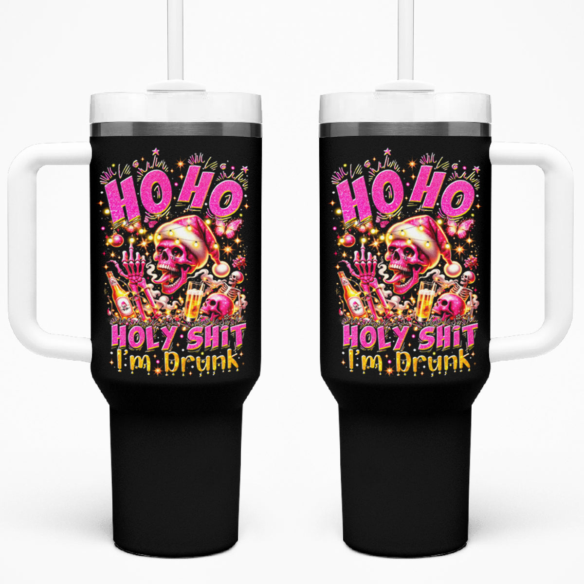 Christmas Skull Tumbler With Handle Ho Ho Holy Shit I'm Drink - Wonder Print Shop