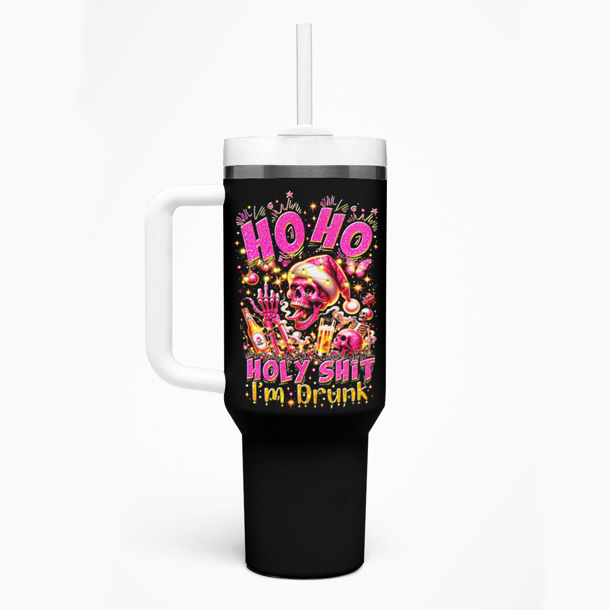 Christmas Skull Tumbler With Handle Ho Ho Holy Shit I'm Drink - Wonder Print Shop