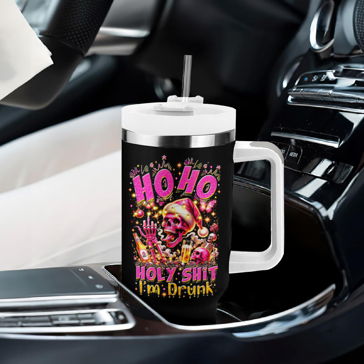 Christmas Skull Tumbler With Handle Ho Ho Holy Shit I'm Drink - Wonder Print Shop
