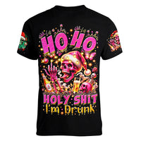 Christmas Skull Women V Neck T Shirt Ho Ho Holy Shit I'm Drink - Wonder Print Shop