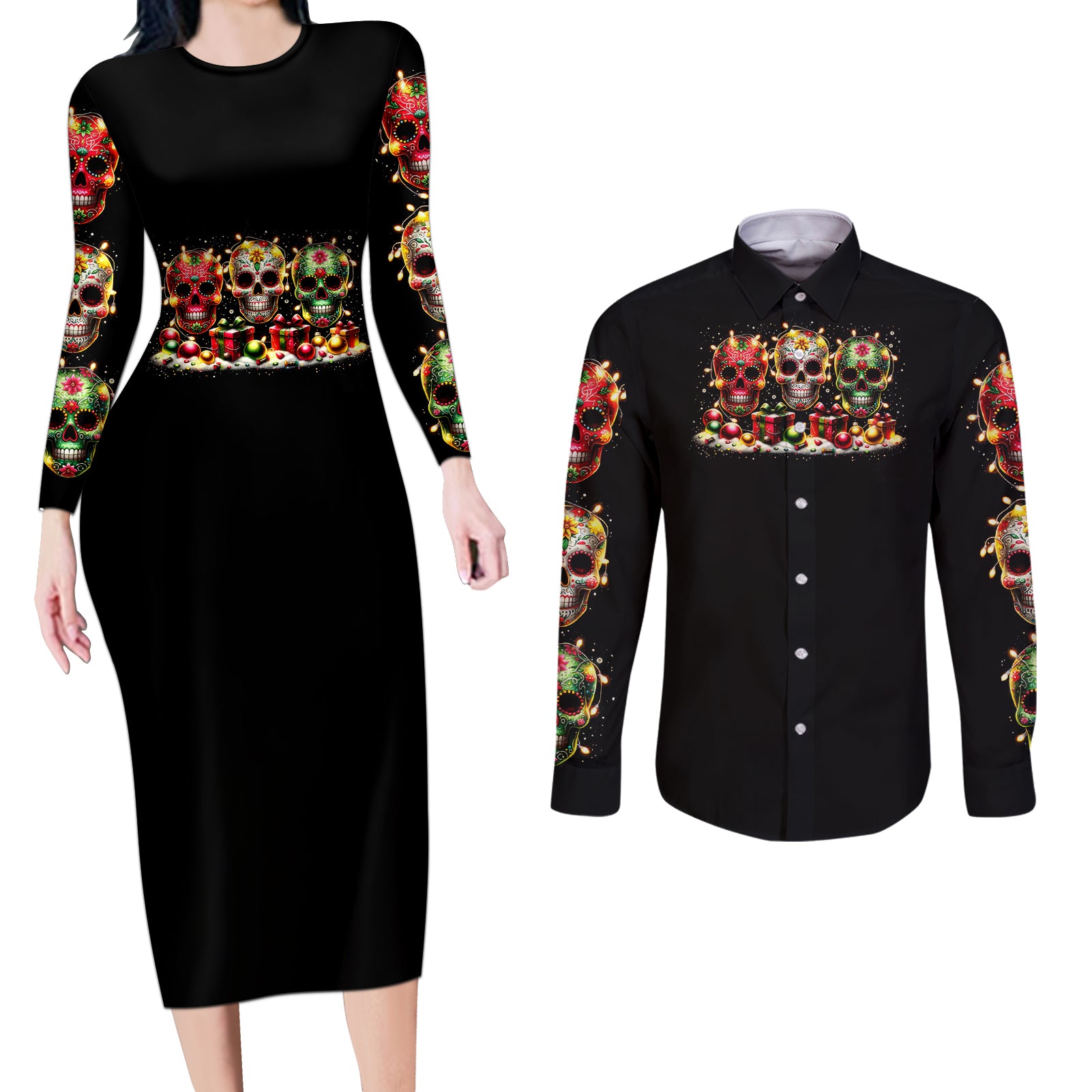 Christmas Sugar Skull Couples Matching Long Sleeve Bodycon Dress and Long Sleeve Button Shirt Christmas Tree Sugar Skull - Wonder Print Shop