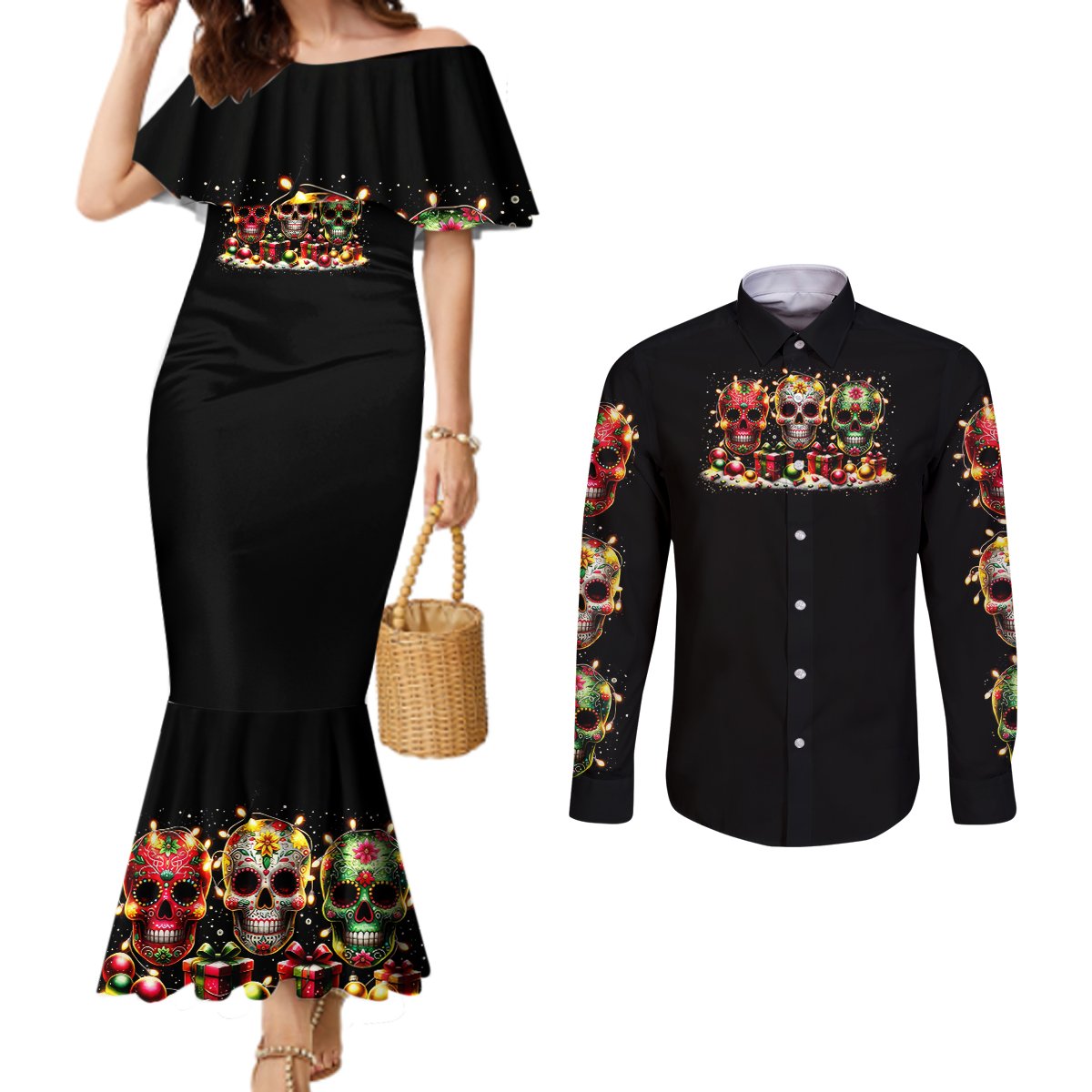 christmas-sugar-skull-couples-matching-mermaid-dress-and-long-sleeve-button-shirt-christmas-tree-sugar-skull