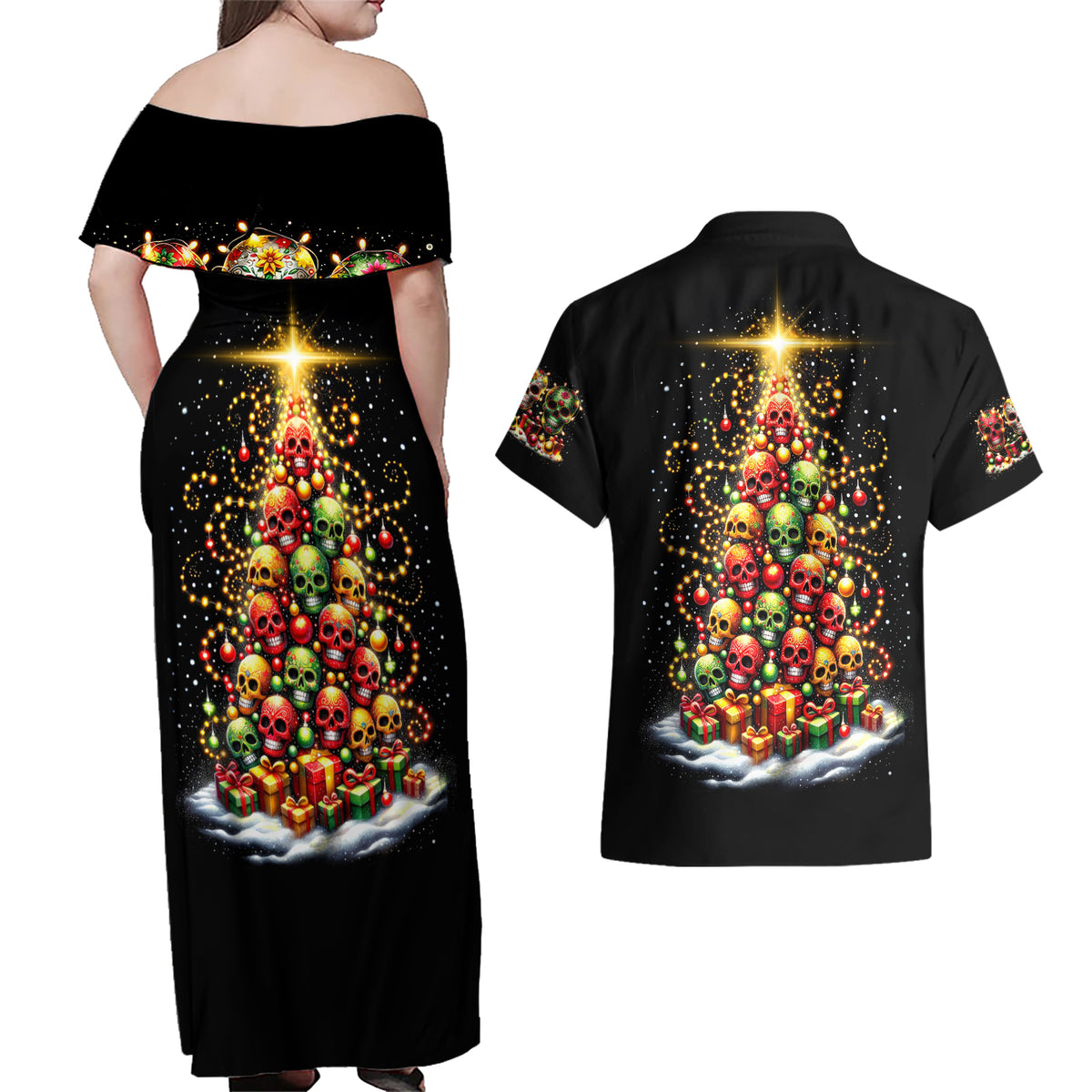 Christmas Sugar Skull Couples Matching Off Shoulder Maxi Dress and Hawaiian Shirt Christmas Tree Sugar Skull - Wonder Print Shop