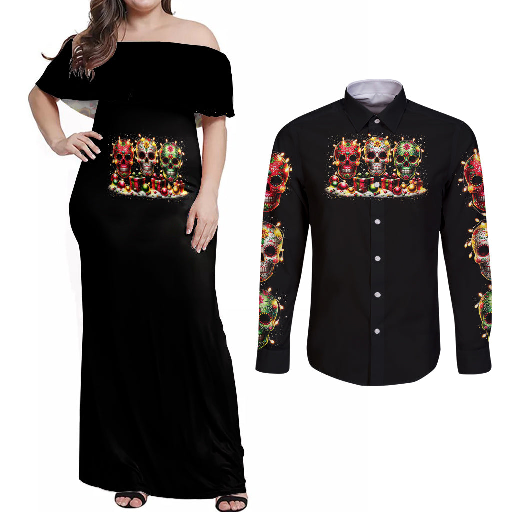 Christmas Sugar Skull Couples Matching Off Shoulder Maxi Dress and Long Sleeve Button Shirt Christmas Tree Sugar Skull - Wonder Print Shop