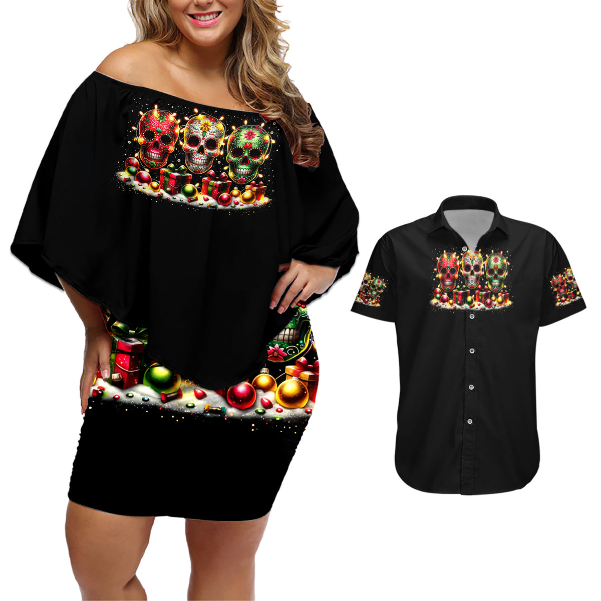 Christmas Sugar Skull Couples Matching Off Shoulder Short Dress and Hawaiian Shirt Christmas Tree Sugar Skull - Wonder Print Shop
