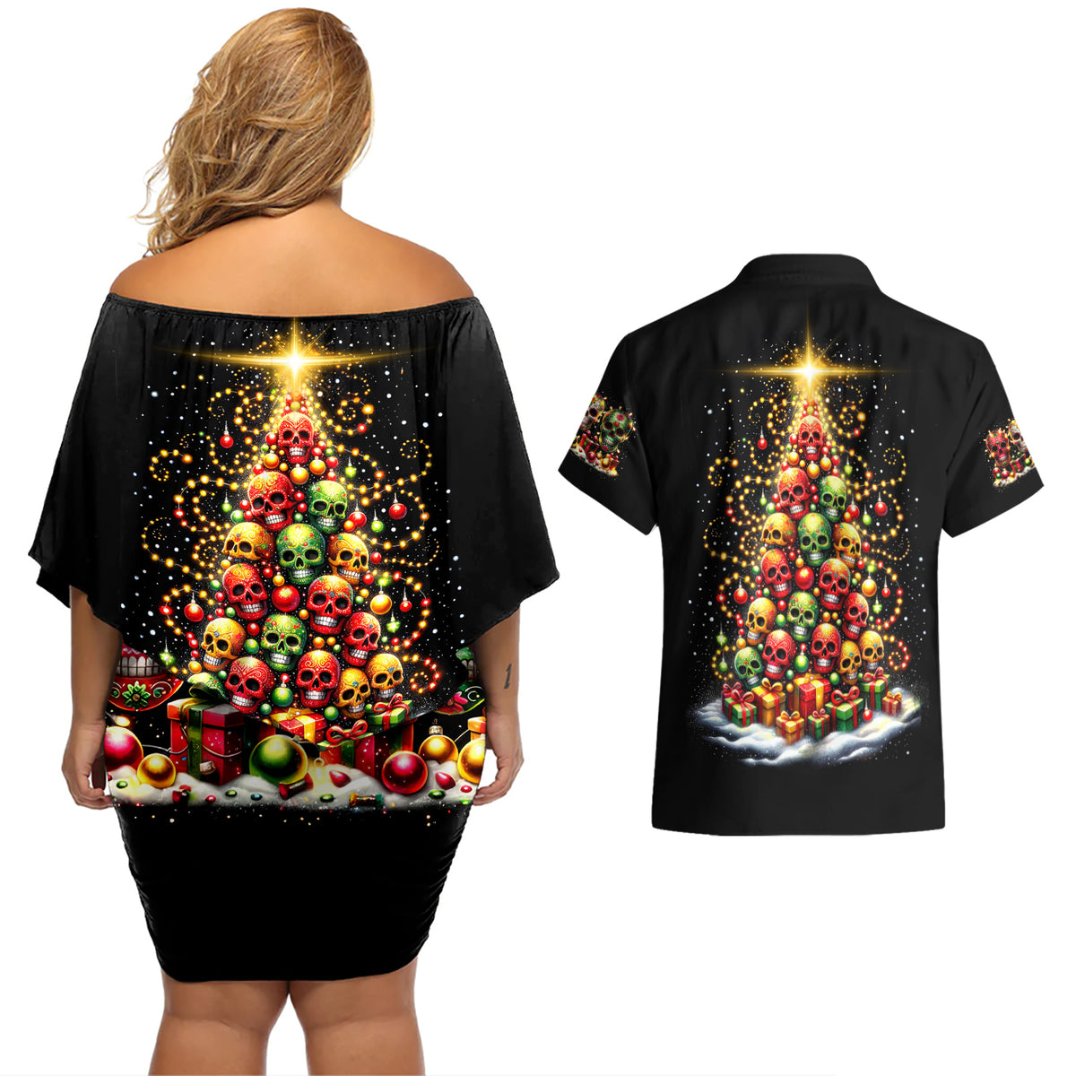 Christmas Sugar Skull Couples Matching Off Shoulder Short Dress and Hawaiian Shirt Christmas Tree Sugar Skull - Wonder Print Shop