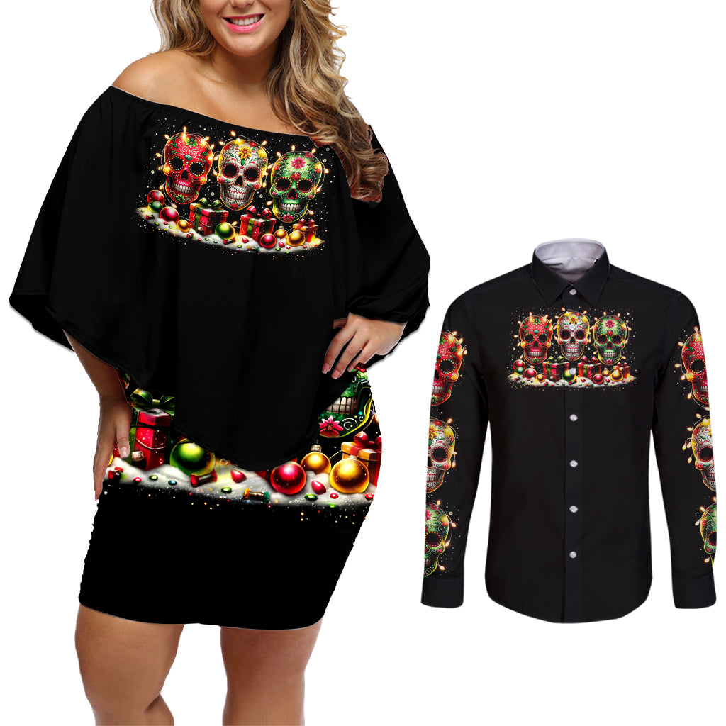 Christmas Sugar Skull Couples Matching Off Shoulder Short Dress and Long Sleeve Button Shirt Christmas Tree Sugar Skull - Wonder Print Shop