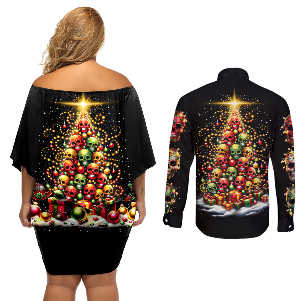 Christmas Sugar Skull Couples Matching Off Shoulder Short Dress and Long Sleeve Button Shirt Christmas Tree Sugar Skull - Wonder Print Shop