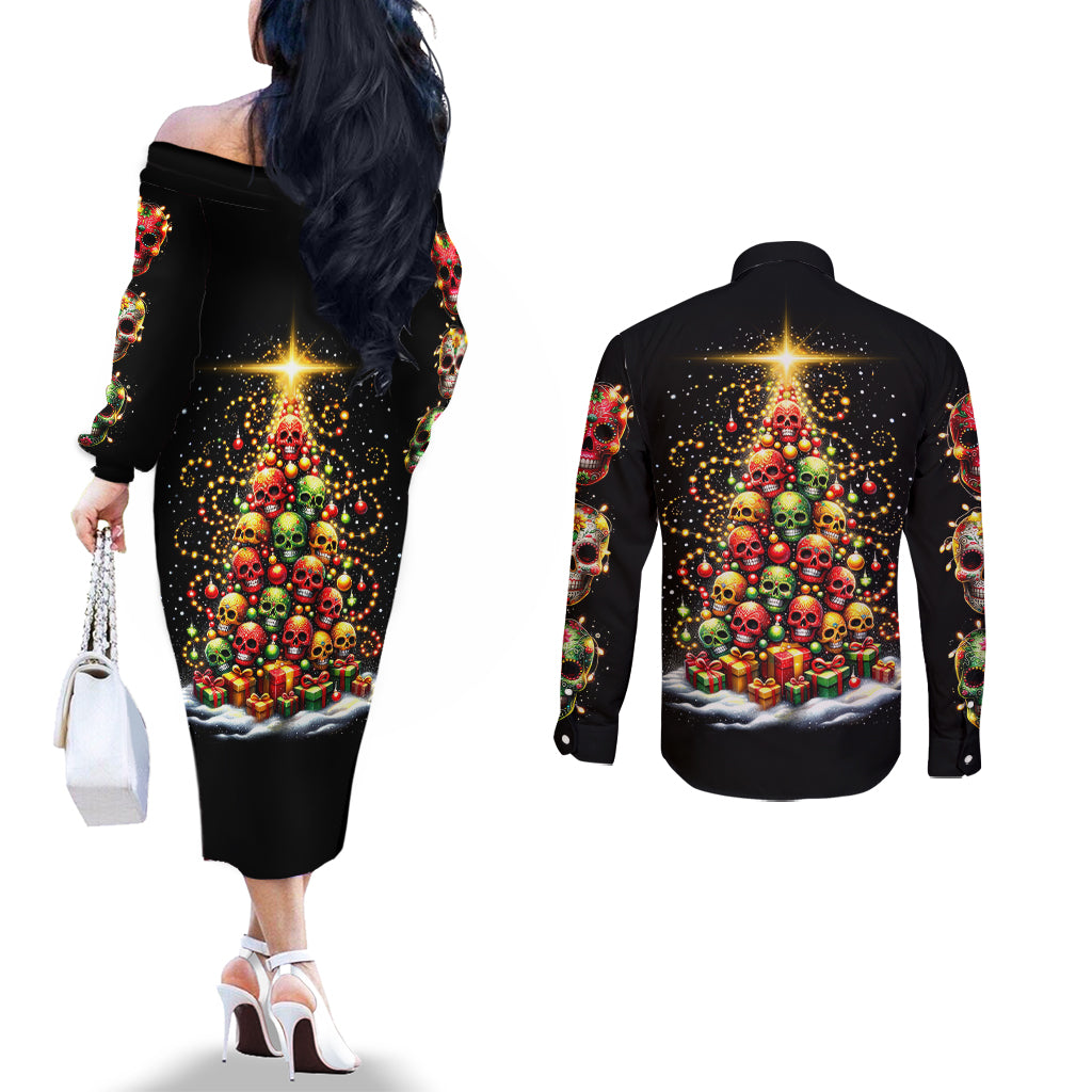 christmas-sugar-skull-couples-matching-off-the-shoulder-long-sleeve-dress-and-long-sleeve-button-shirt-christmas-tree-sugar-skull