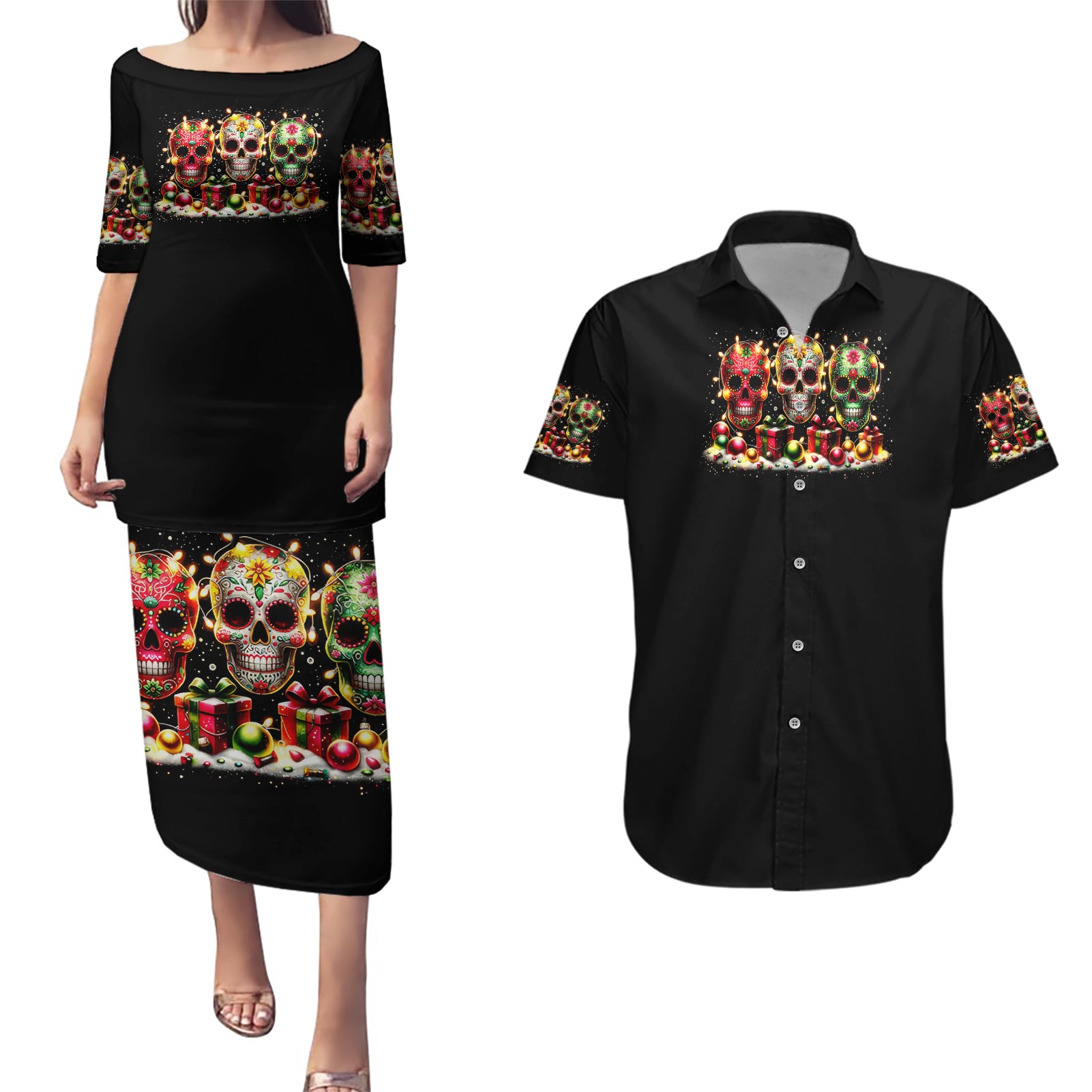 Christmas Sugar Skull Couples Matching Puletasi Dress and Hawaiian Shirt Christmas Tree Sugar Skull - Wonder Print Shop