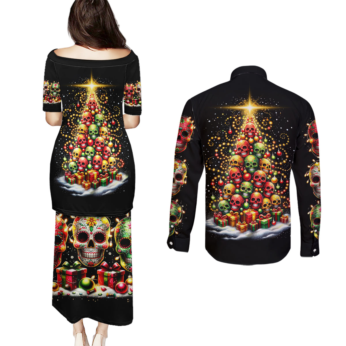 Christmas Sugar Skull Couples Matching Puletasi Dress and Long Sleeve Button Shirt Christmas Tree Sugar Skull - Wonder Print Shop
